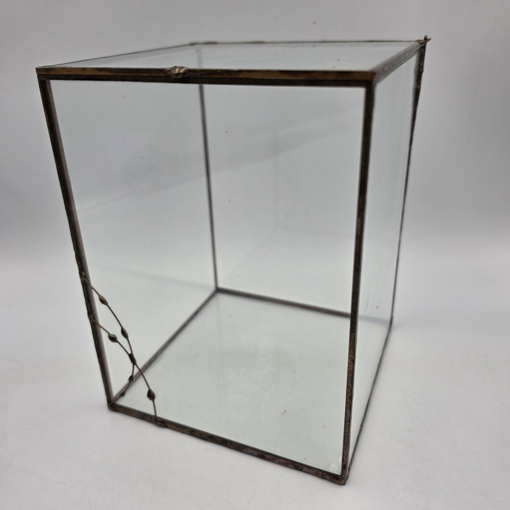 Vtg Glass Keepsake Box 7x5x5 Copper Hinged Display Jewelry Terrarium Geometric